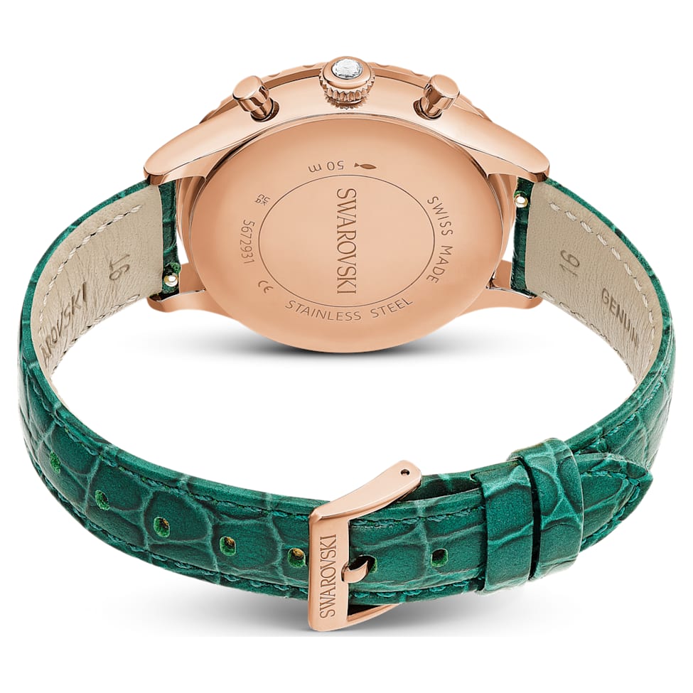 Octea Chrono watch, Swiss Made, Leather strap, Green, Rose gold-tone finish by SWAROVSKI