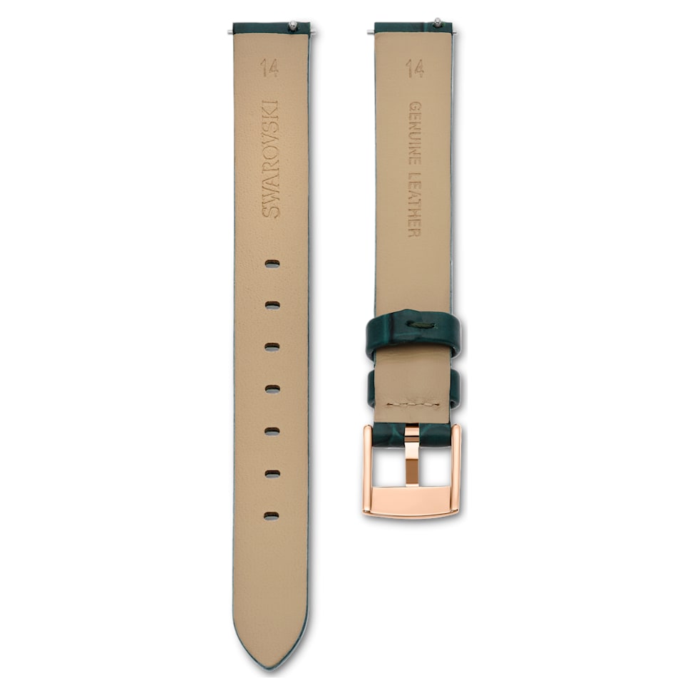 Watch strap, 14 mm (0.55") width, Leather, Green, Rose gold-tone finish by SWAROVSKI