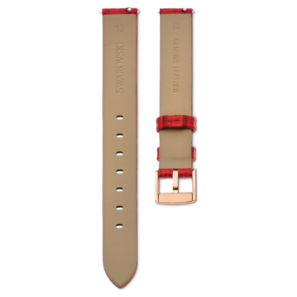 Watch strap, 13 mm (0.51") width, Leather, Red, Rose gold-tone finish by SWAROVSKI