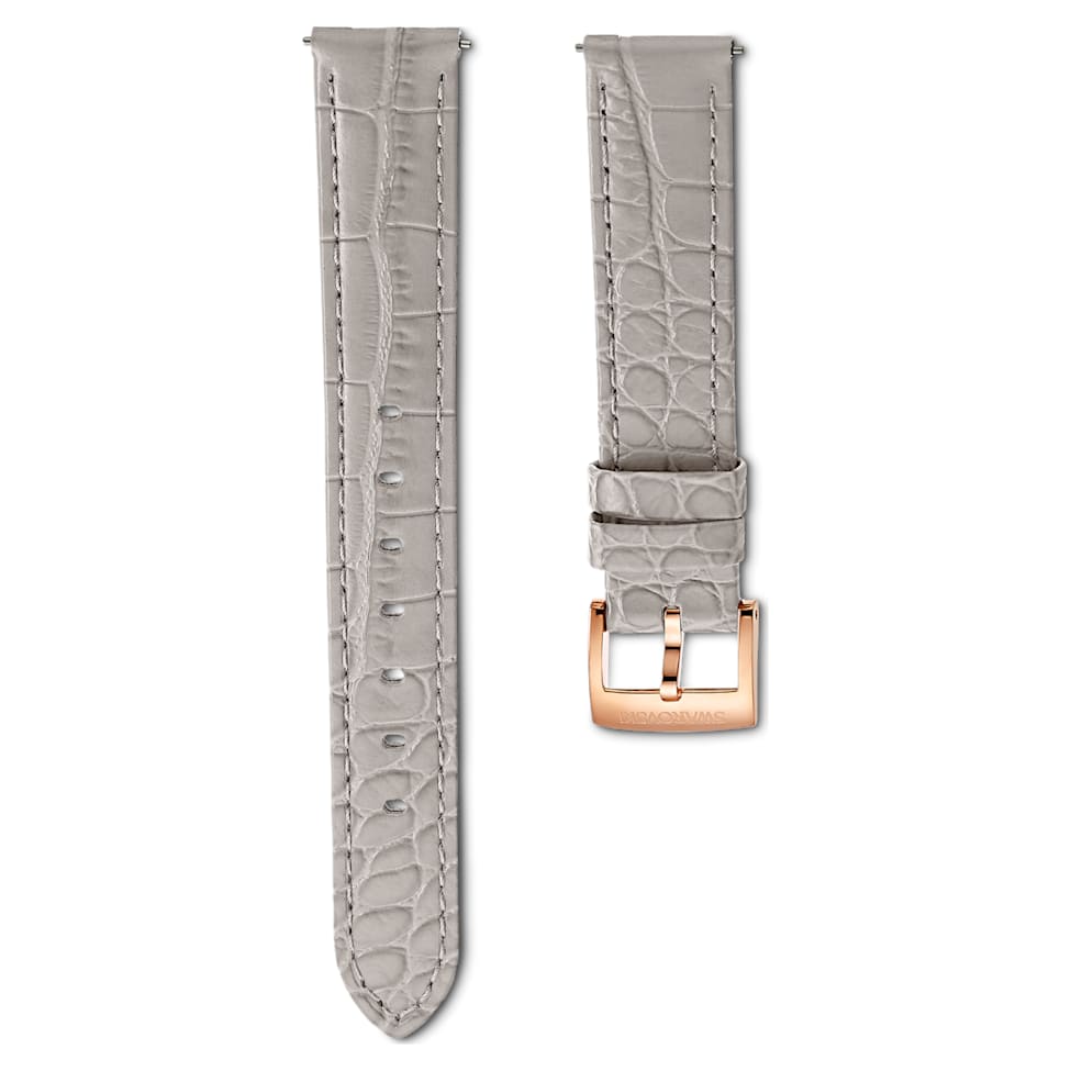 Watch strap, 15 mm (0.59") width, Leather with stitching, Gray, Rose gold-tone finish by SWAROVSKI