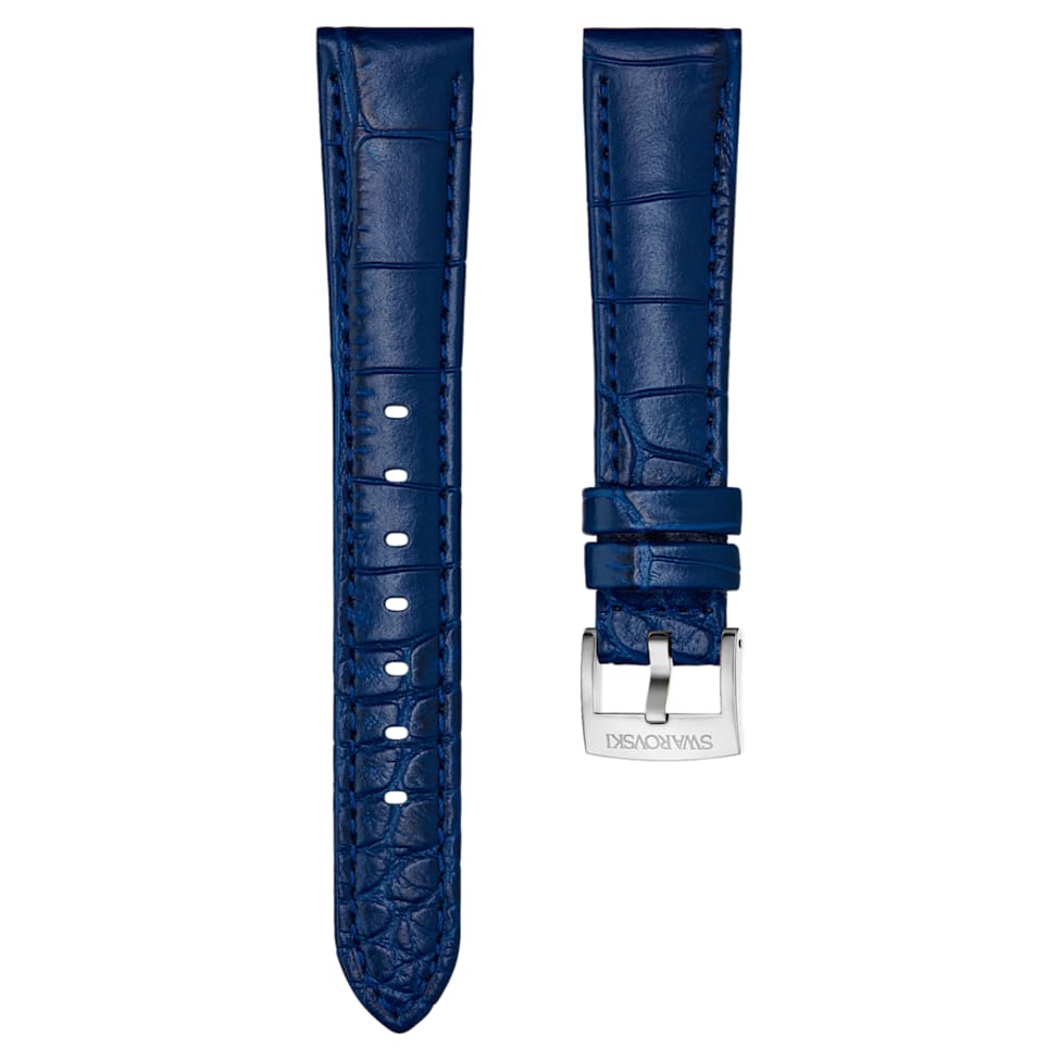 Watch strap, 17 mm (0.67") width, Leather with stitching, Blue, Stainless steel by SWAROVSKI
