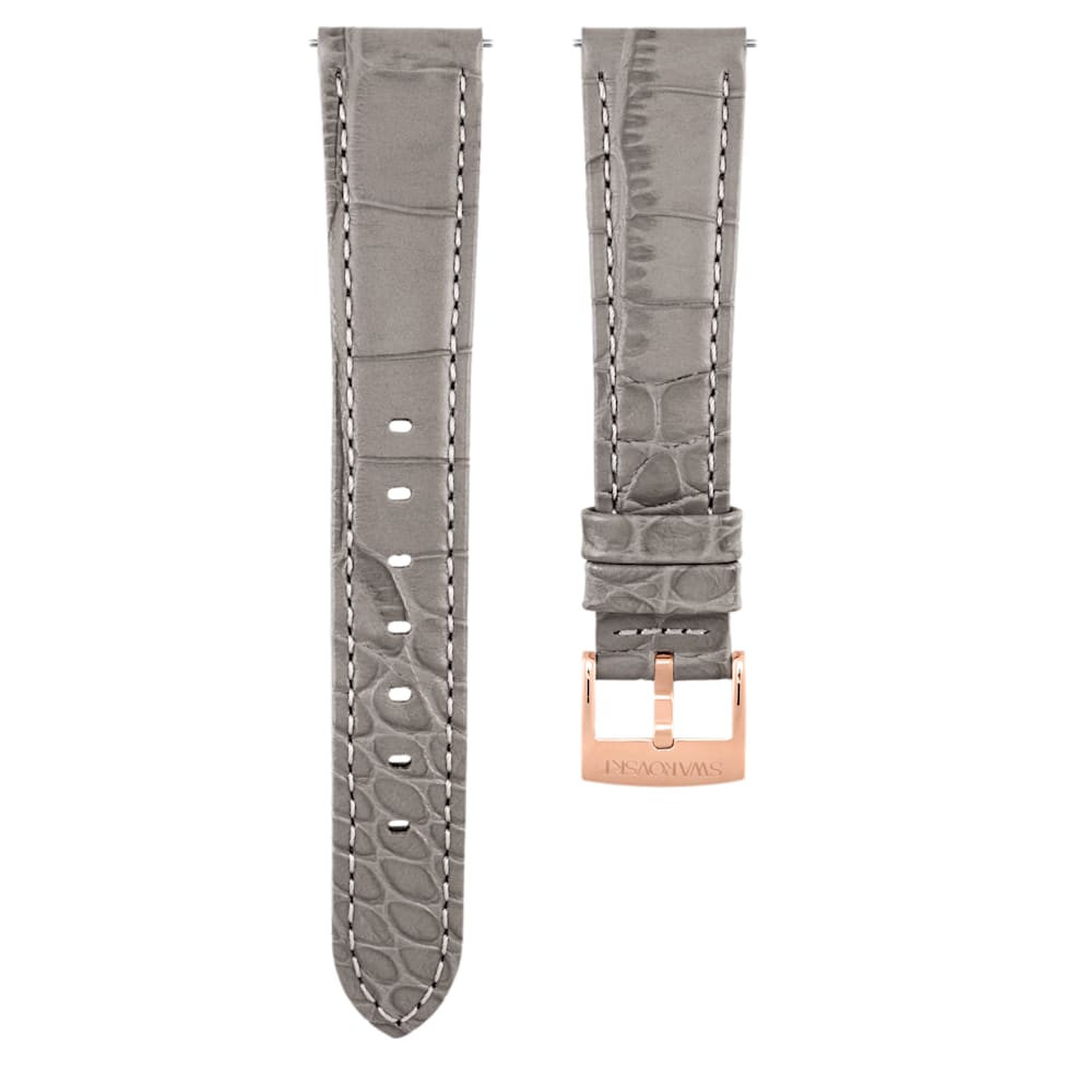 Watch strap, 17 mm (0.67") width, Leather with stitching, Gray, Rose gold-tone finish by SWAROVSKI