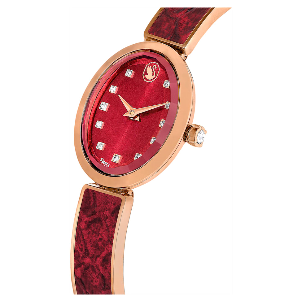 Crystal Rock Oval watch, Swiss Made, Metal bracelet, Red, Rose gold-tone finish by SWAROVSKI