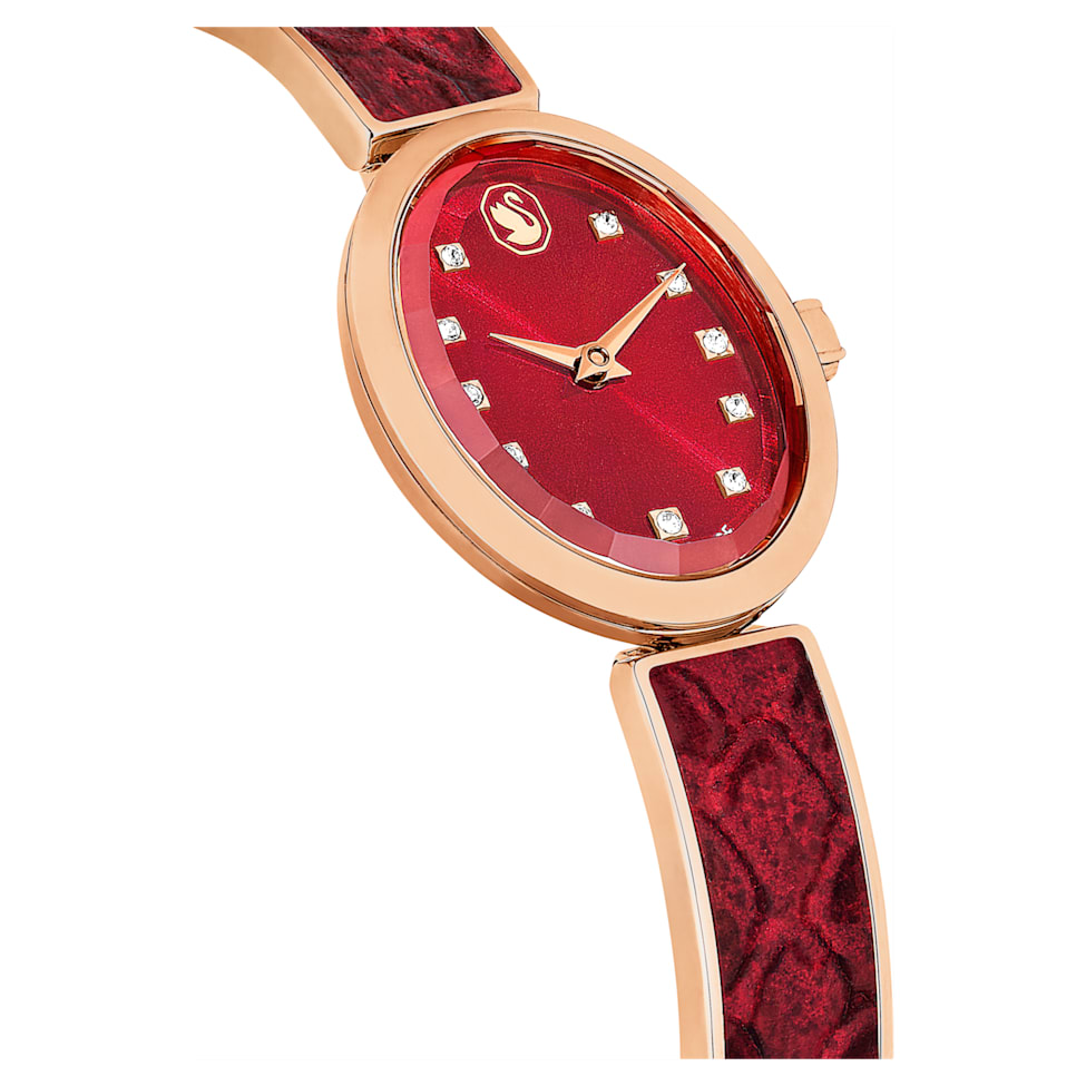 Crystal Rock Oval watch, Swiss Made, Metal bracelet, Red, Rose gold-tone finish by SWAROVSKI