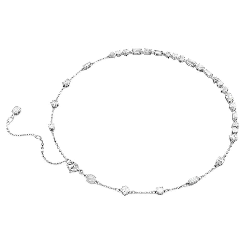 Mesmera necklace, Mixed cuts, Scattered design, White, Rhodium plated by SWAROVSKI