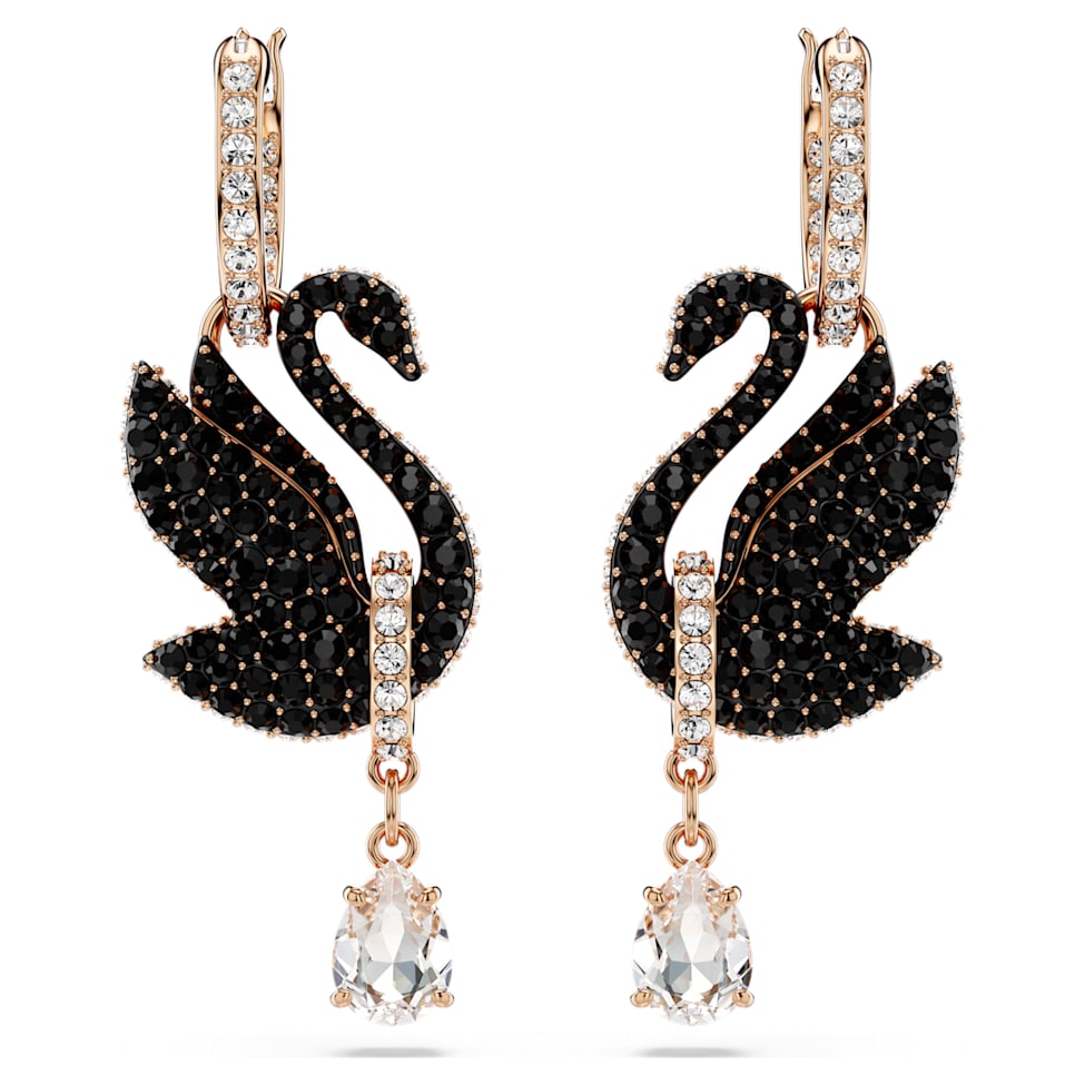 Swarovski Swan drop earrings, Swan, Black, Rose gold-tone plated by SWAROVSKI