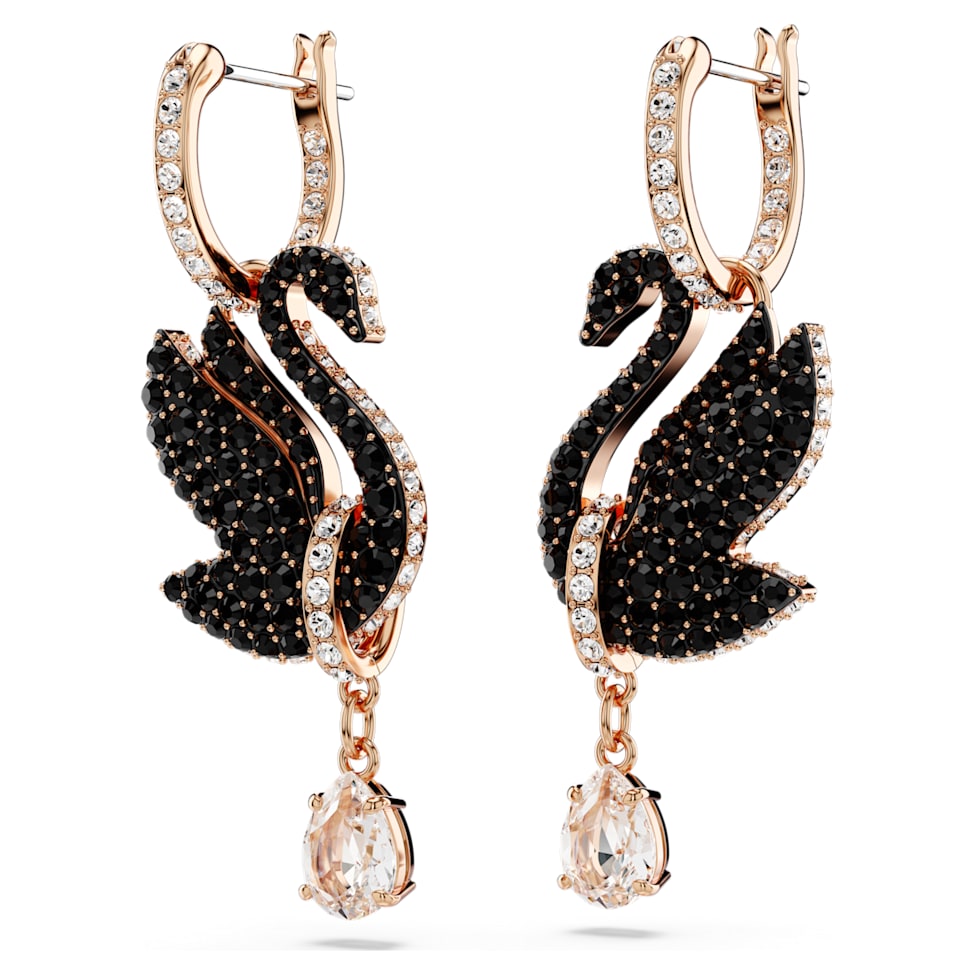 Swarovski Swan drop earrings, Swan, Black, Rose gold-tone plated by SWAROVSKI