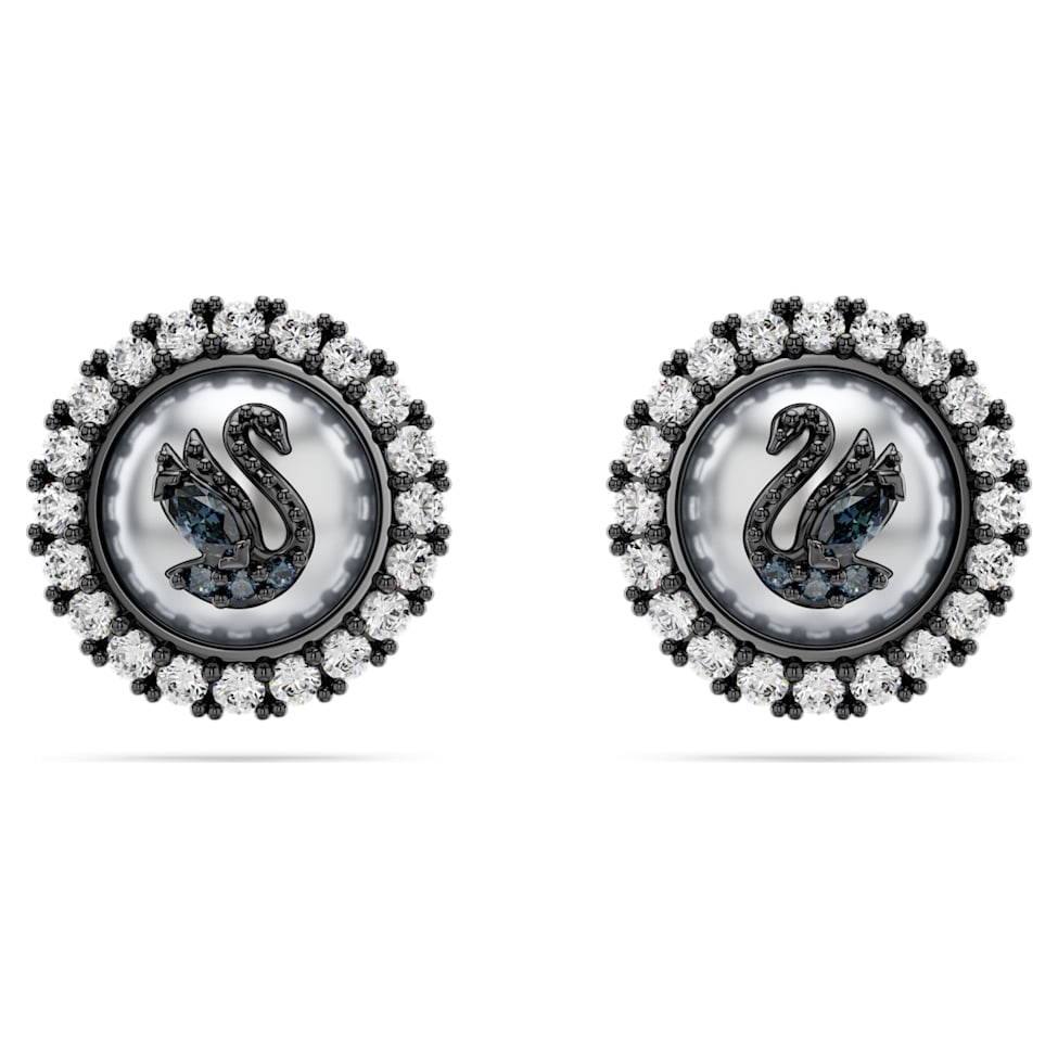 Swarovski Swan stud earrings, Swan, Gray, Ruthenium plated by SWAROVSKI