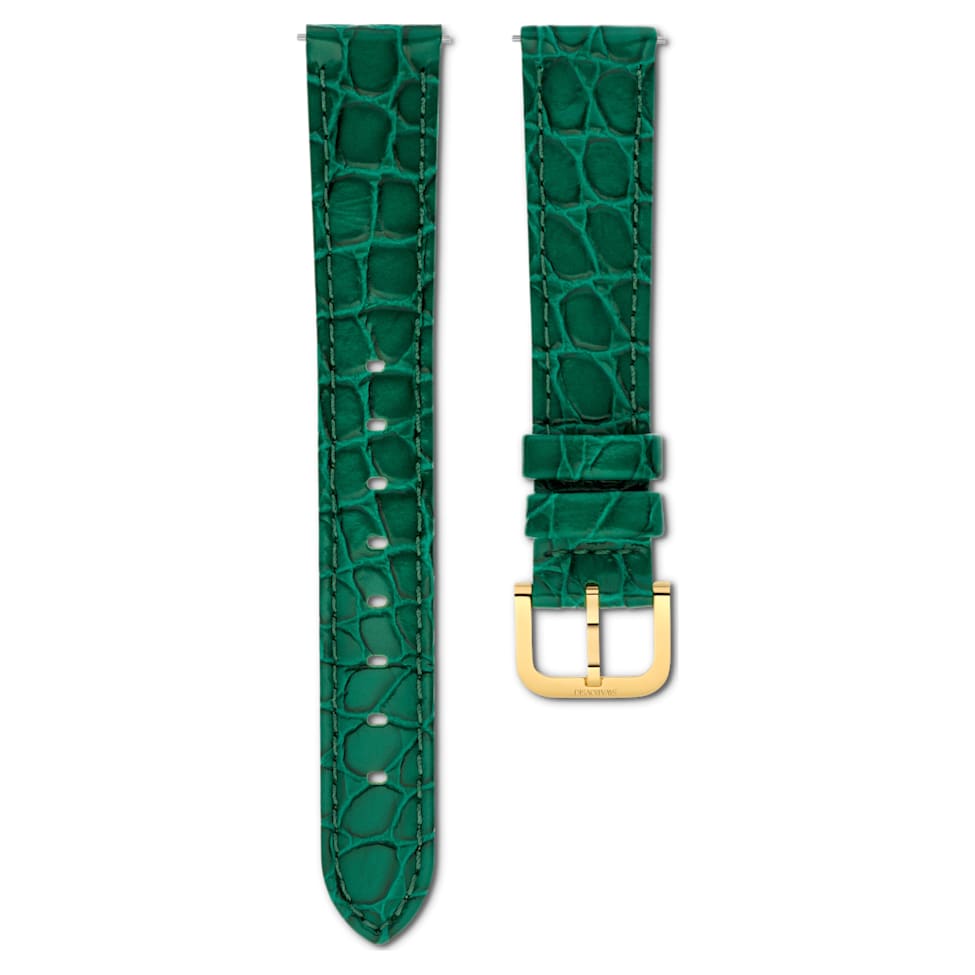 Watch strap, 16 mm (0.63") width, Leather with stitching, Green, Gold-tone finish by SWAROVSKI