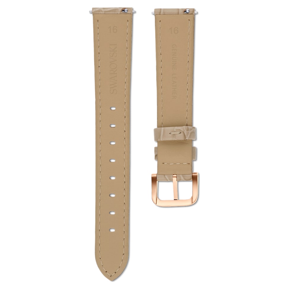Watch strap, 16 mm (0.63") width, Leather with stitching, Beige, Rose gold-tone finish by SWAROVSKI