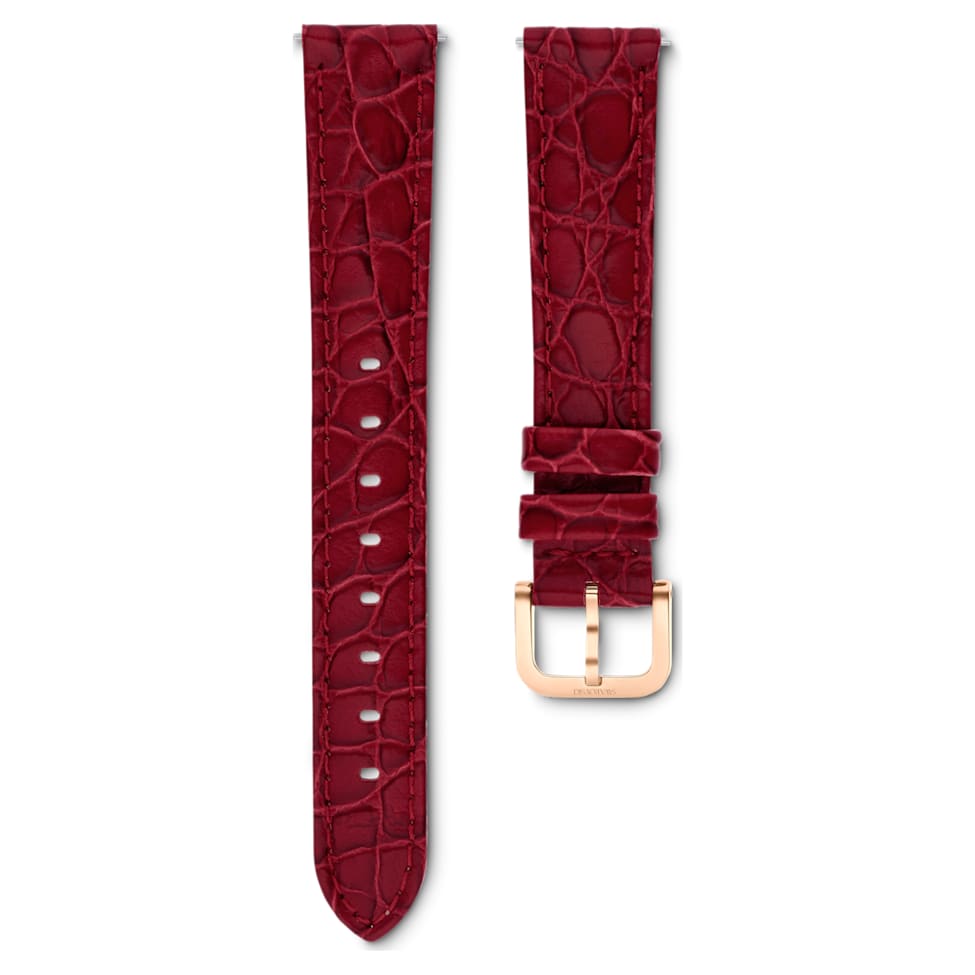 Watch strap, 16 mm (0.63") width, Leather with stitching, Red, Rose gold-tone finish by SWAROVSKI