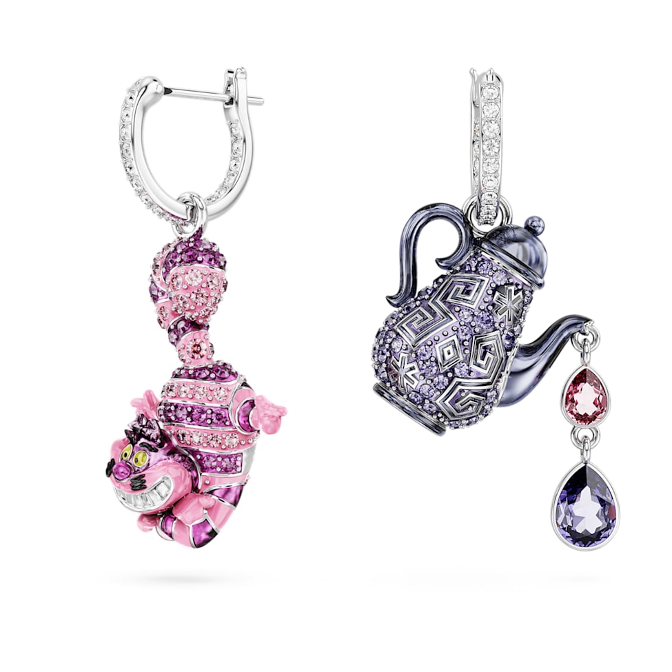 Alice in Wonderland drop earrings, Asymmetrical design, Cat and teapot, Multicoloured, Rhodium plated by SWAROVSKI