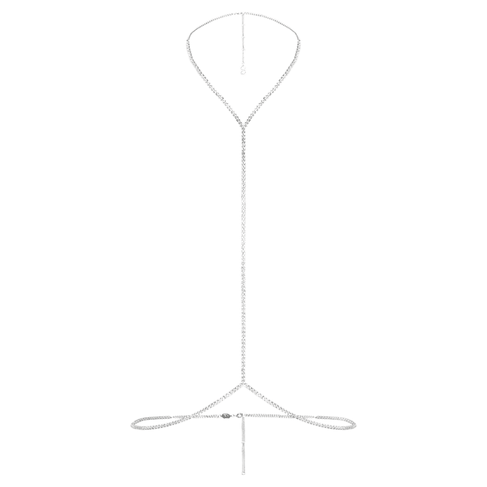 Swarovski x SKIMS body chain, Round cut, Cupchain, Y-shape, White, Rhodium plated by SWAROVSKI