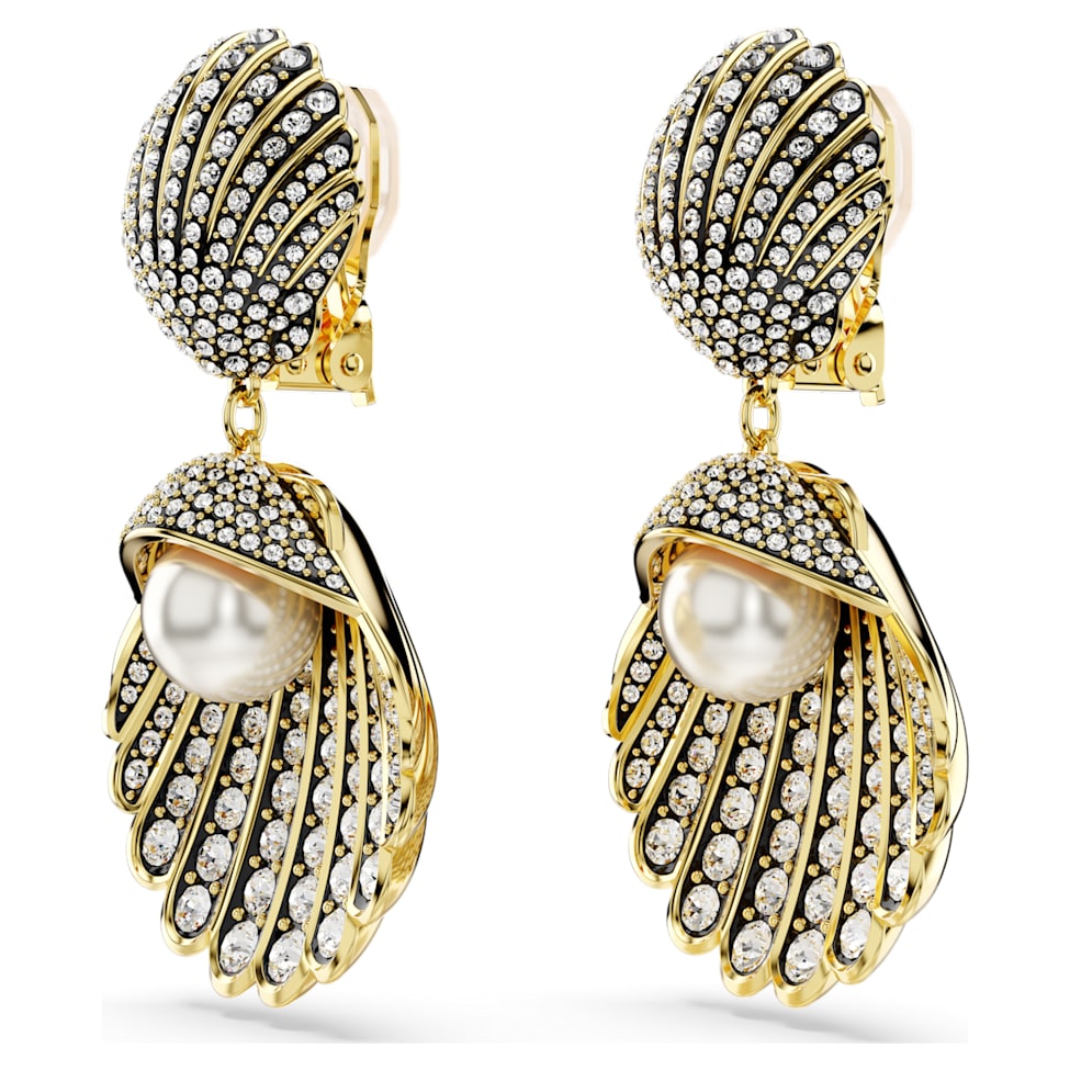 Idyllia clip earrings, Crystal pearl, Shell, White, Gold-tone plated by SWAROVSKI