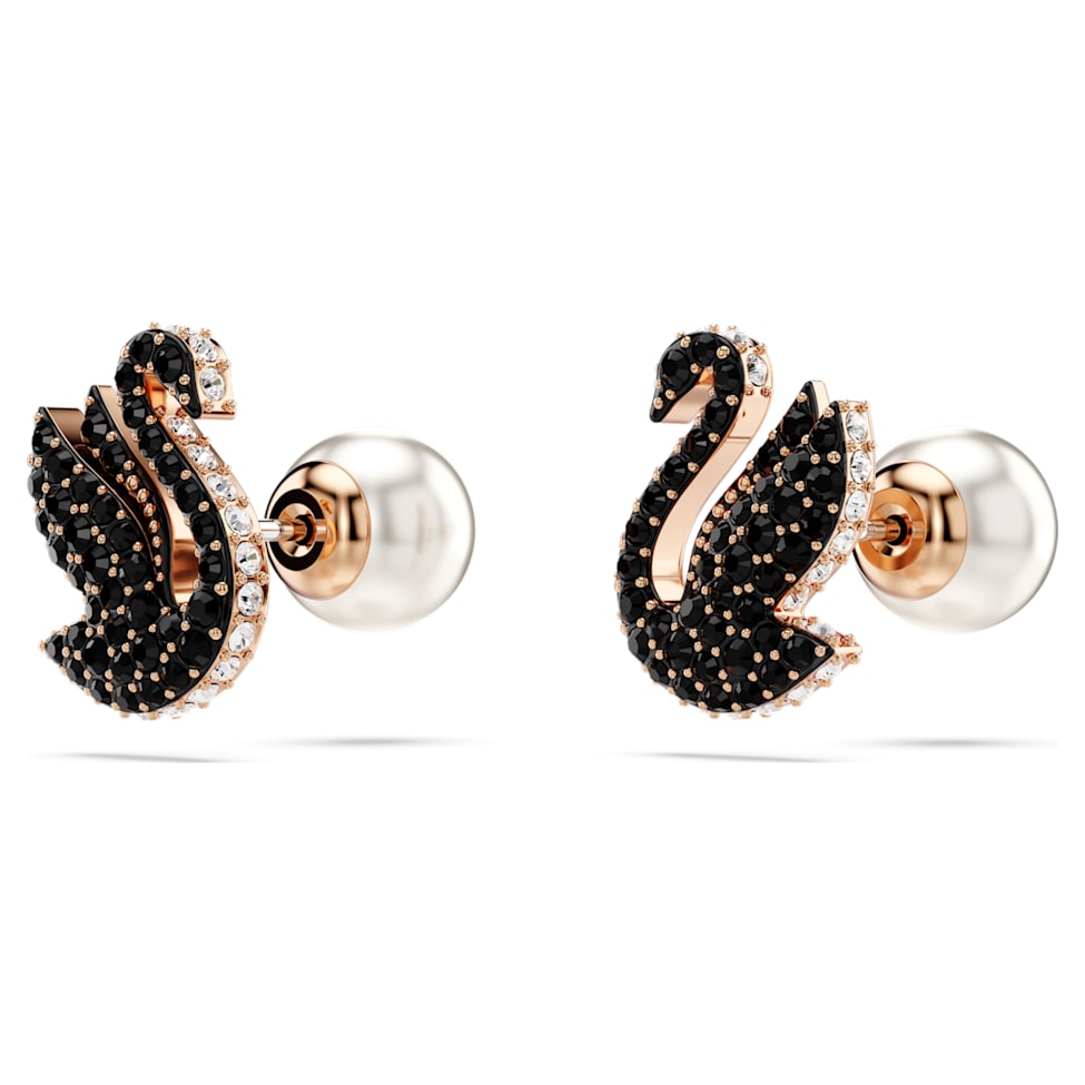 Swarovski Swan stud earrings, Swan, Black, Rose gold-tone plated by SWAROVSKI