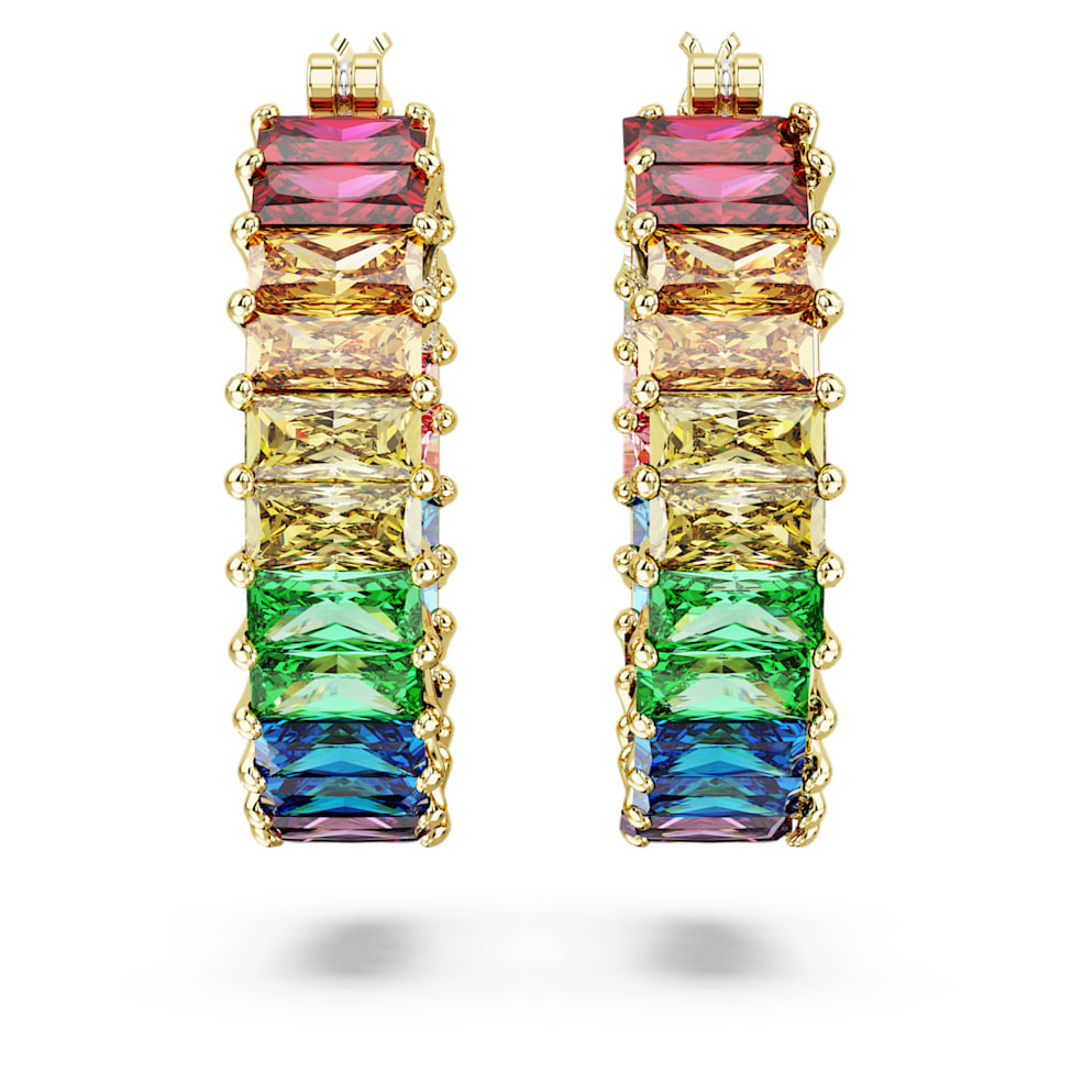 Matrix hoop earrings, Baguette cut, Multicolored, Gold-tone plated by SWAROVSKI