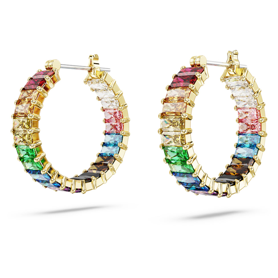 Matrix hoop earrings, Baguette cut, Multicolored, Gold-tone plated by SWAROVSKI