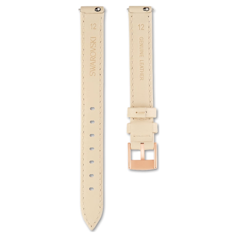 Watch strap, 12 mm (0.47") width, Leather, Beige, Rose gold-tone finish by SWAROVSKI