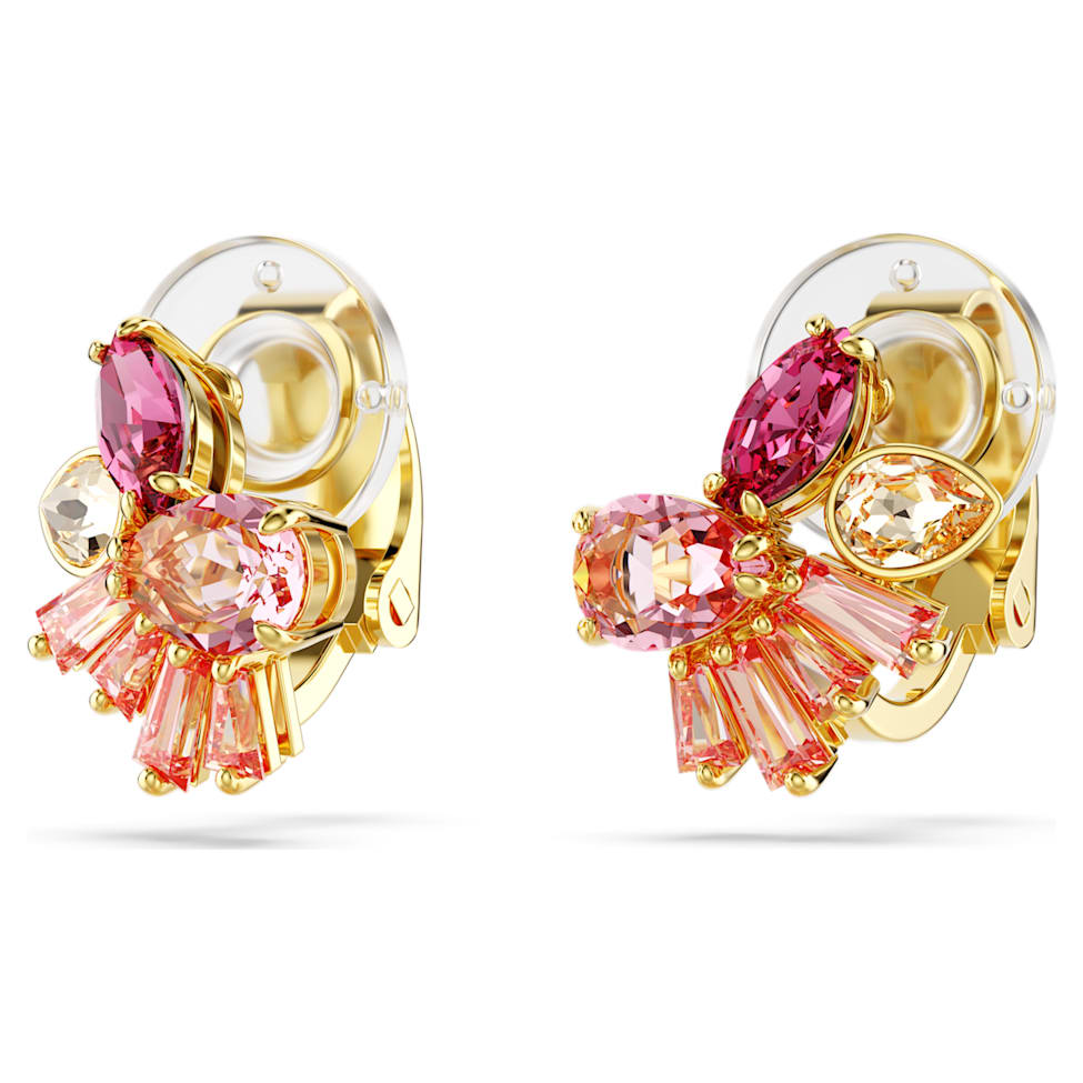 Gema clip earrings, Mixed cuts, Flower, Pink, Gold-tone plated by SWAROVSKI
