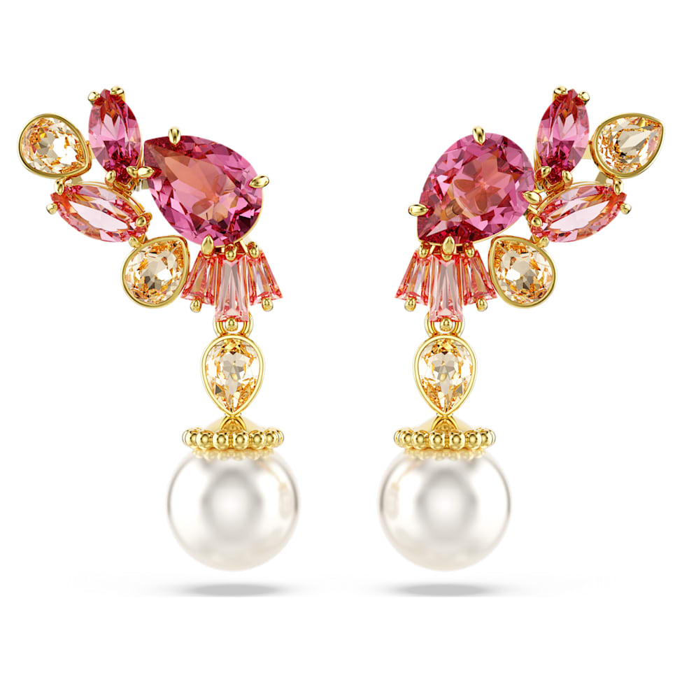 Gema drop earrings, Mixed cuts, Crystal pearls, Flower, Pink, Gold-tone plated by SWAROVSKI