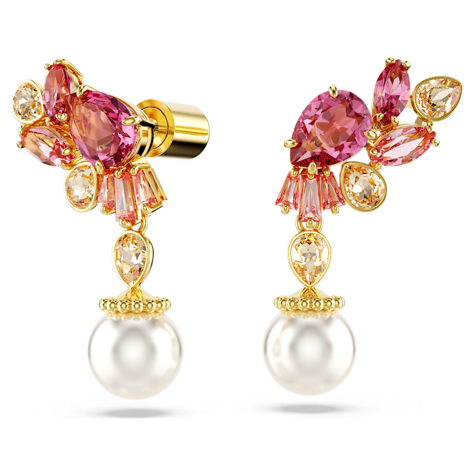 Gema drop earrings, Mixed cuts, Crystal pearls, Flower, Pink, Gold-tone plated by SWAROVSKI