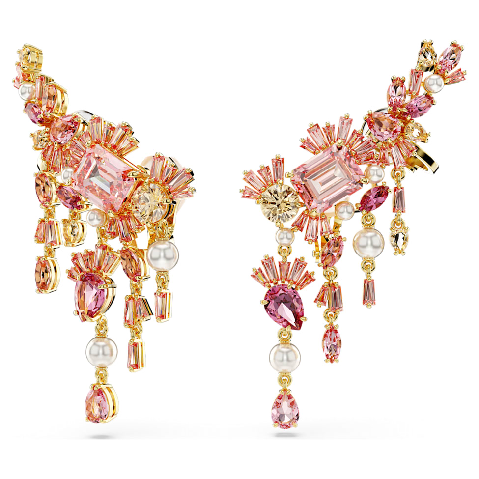 Gema clip earrings, Mixed cuts, Chandelier, Flower, Pink, Gold-tone plated by SWAROVSKI