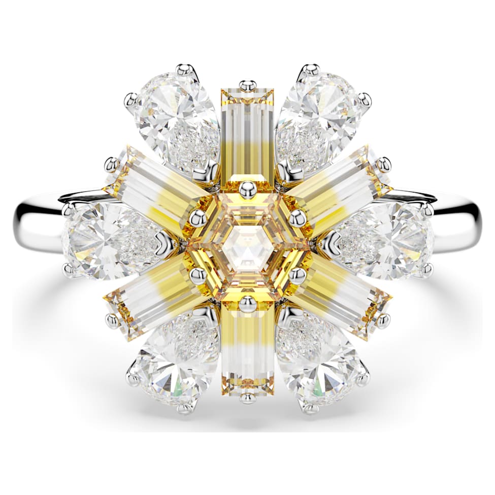 Idyllia cocktail ring, Mixed cuts, Flower, Yellow, Rhodium plated by SWAROVSKI