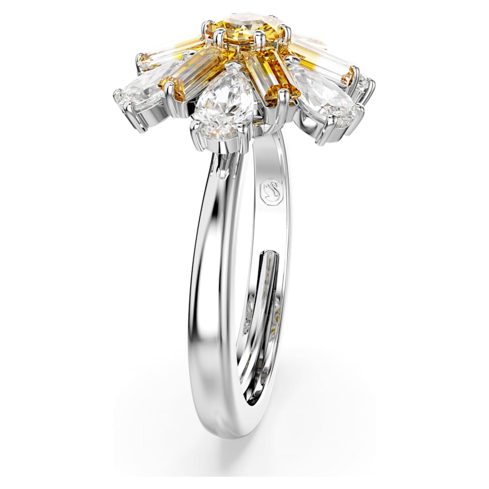 Idyllia cocktail ring, Mixed cuts, Flower, Yellow, Rhodium plated by SWAROVSKI
