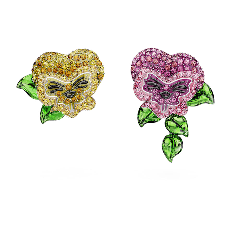 Alice in Wonderland stud earrings, Asymmetrical design, Flower, Multicoloured, Rhodium plated by SWAROVSKI
