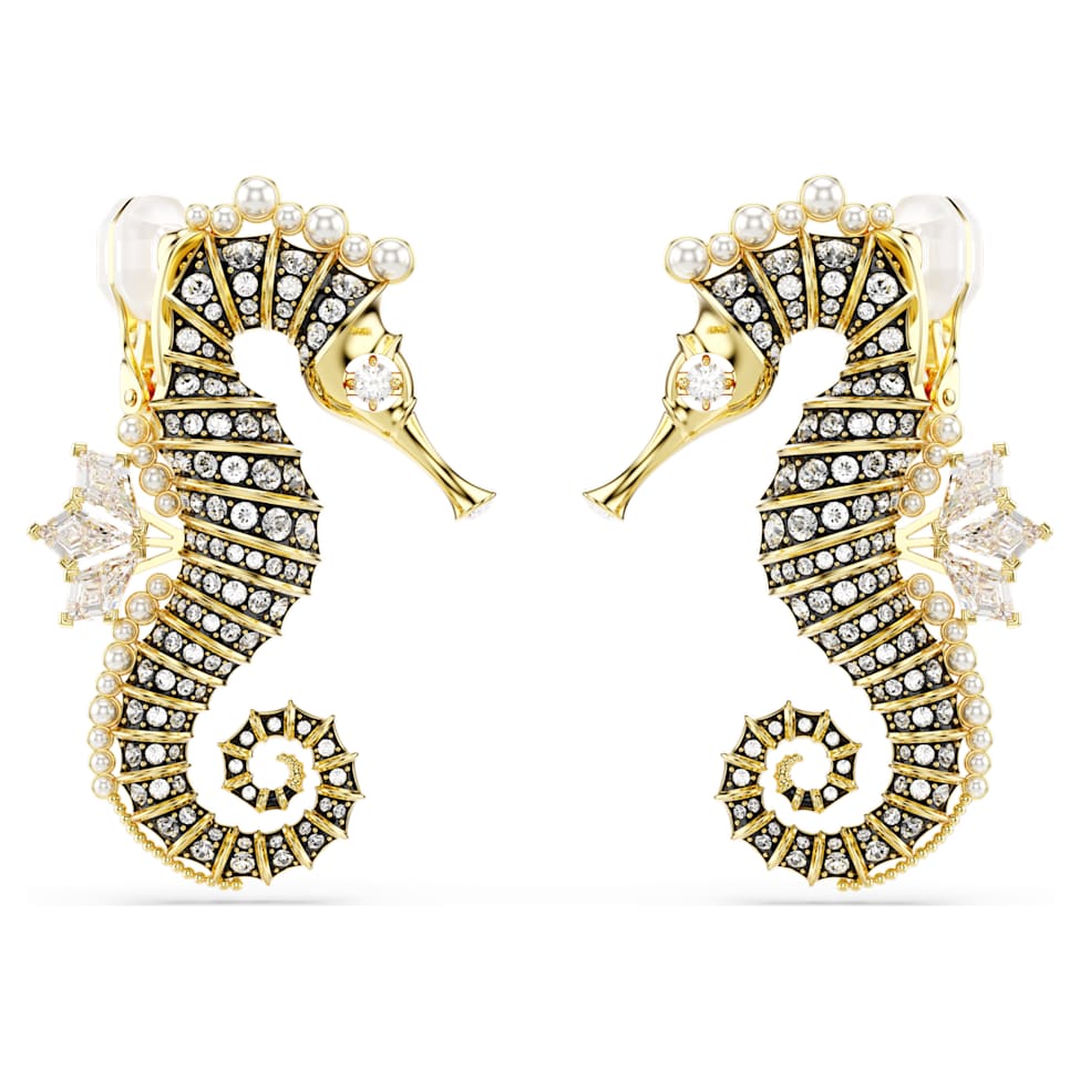 Idyllia clip earrings, Seahorse, White, Gold-tone plated by SWAROVSKI