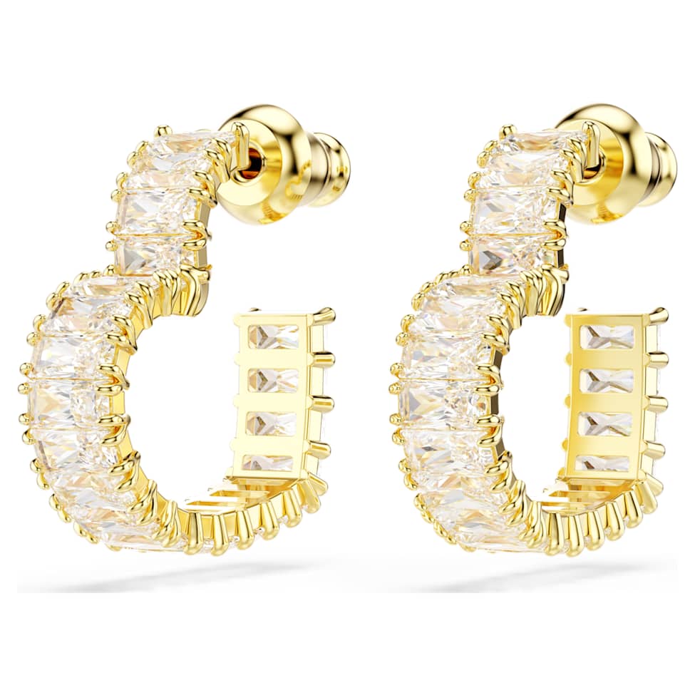 Matrix hoop earrings, Baguette cut, Heart, Small, White, Gold-tone plated by SWAROVSKI