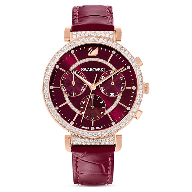 Passage Chrono watch, Swiss Made, Leather strap, Red, Rose gold-tone finish by SWAROVSKI