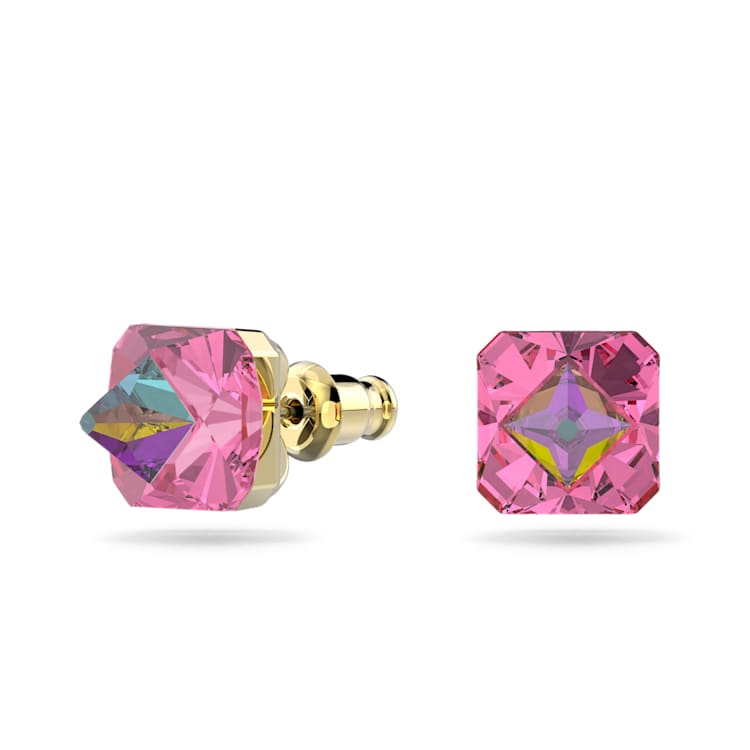 Matrix stud earrings, Pyramid cut, Pink, Gold-tone plated by SWAROVSKI