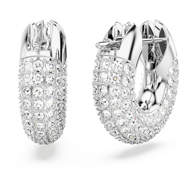 Dextera hoop earrings, Small, White, Rhodium plated by SWAROVSKI