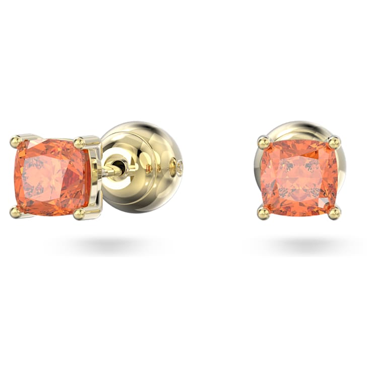 Chroma stud earrings, Cushion cut, Orange, Gold-tone plated by SWAROVSKI