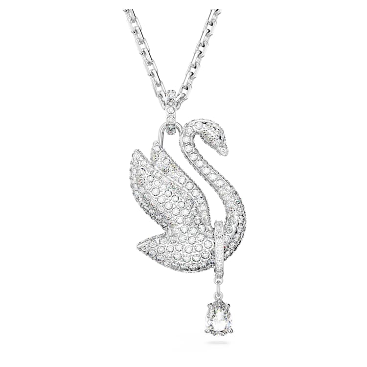 Swan necklace, Swan, Long, White, Rhodium plated by SWAROVSKI