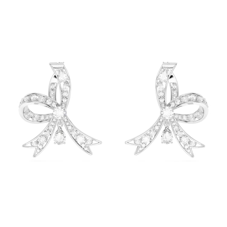 Hyperbola drop earrings, Bow, White, Rhodium plated by SWAROVSKI