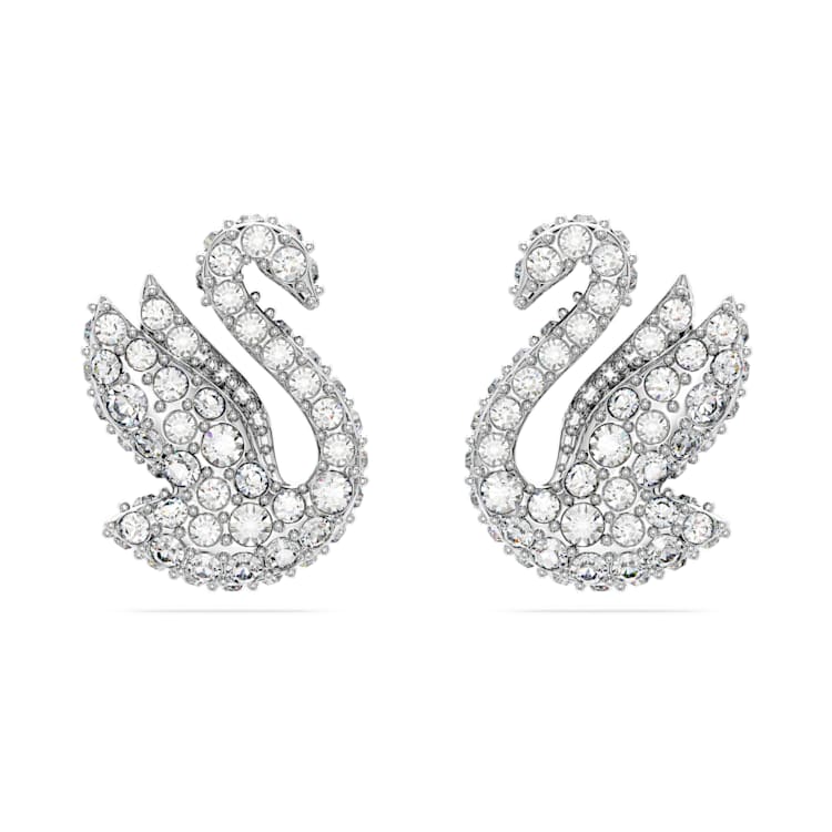 Swan stud earrings, Swan, White, Rhodium plated by SWAROVSKI