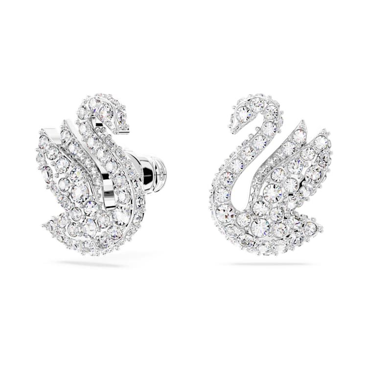 Swan stud earrings, Swan, White, Rhodium plated by SWAROVSKI