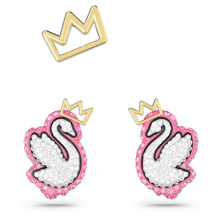 Swan stud earrings, Set (3), Swan, Pink, Gold-tone plated by SWAROVSKI