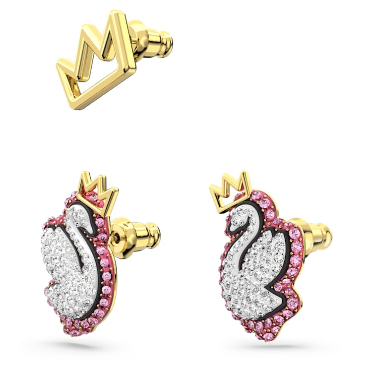 Swan stud earrings, Set (3), Swan, Pink, Gold-tone plated by SWAROVSKI