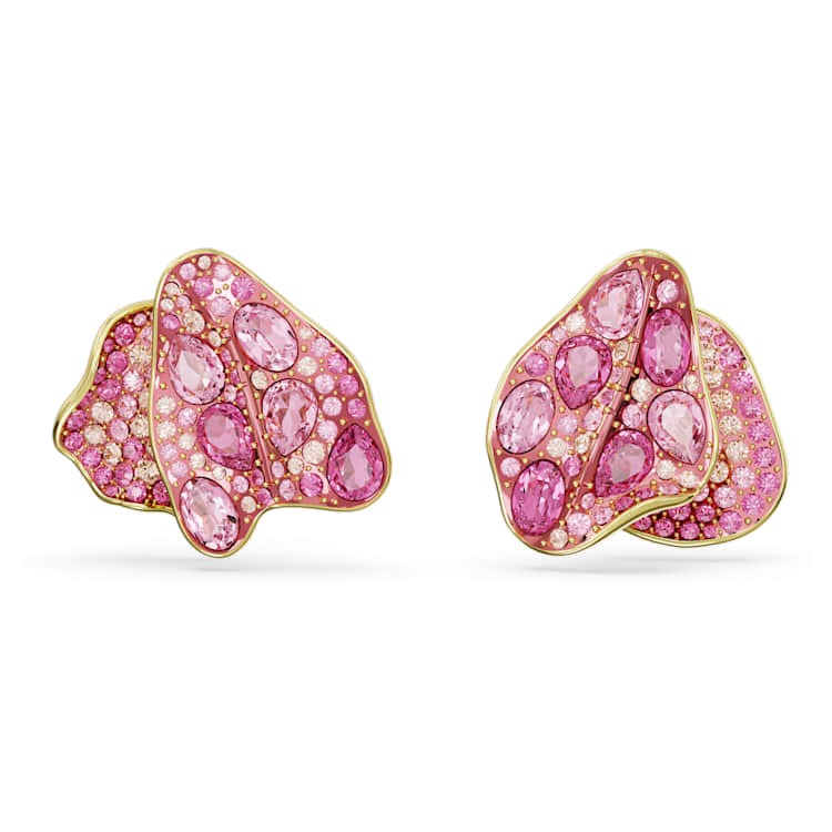 Idyllia stud earrings, Asymmetrical design, Flower, Pink, Gold-tone plated by SWAROVSKI