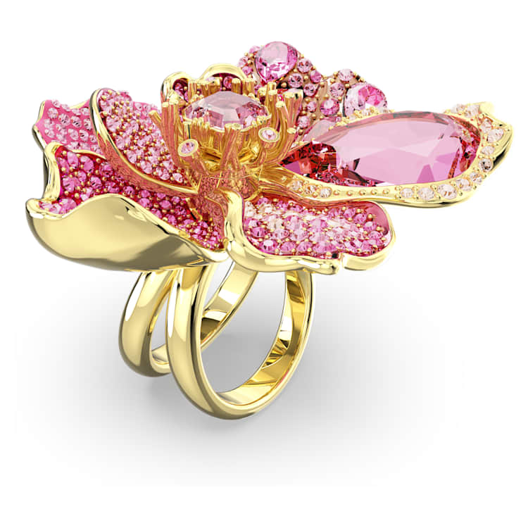 Idyllia cocktail ring, Pavé, Flower, Pink, Gold-tone plated by SWAROVSKI