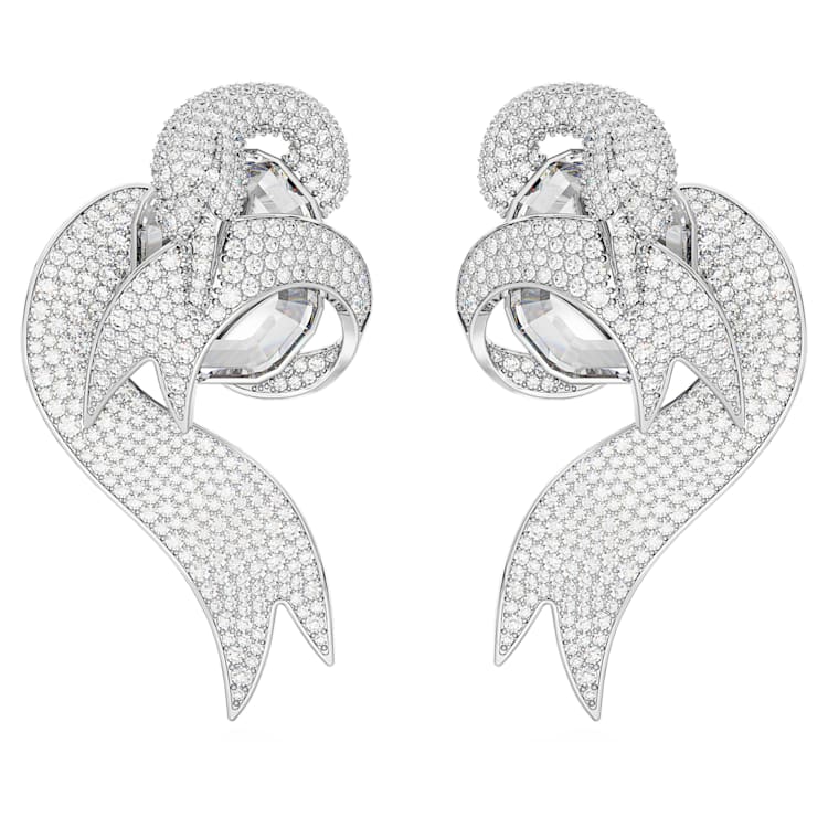 Fashion Swan clip earrings, Asymmetrical design, Swan, White, Rhodium plated by SWAROVSKI