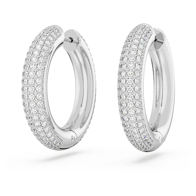 Dextera hoop earrings, Medium, White, Rhodium plated by SWAROVSKI