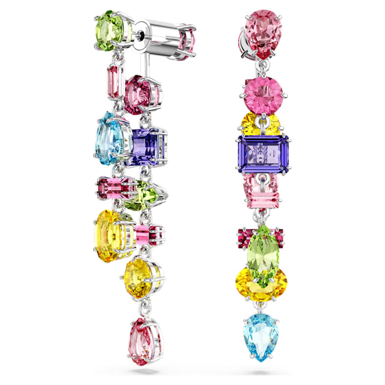 Gema drop earrings, Asymmetrical design, Mixed cuts, Long, Multicoloured, Rhodium plated by SWAROVSKI