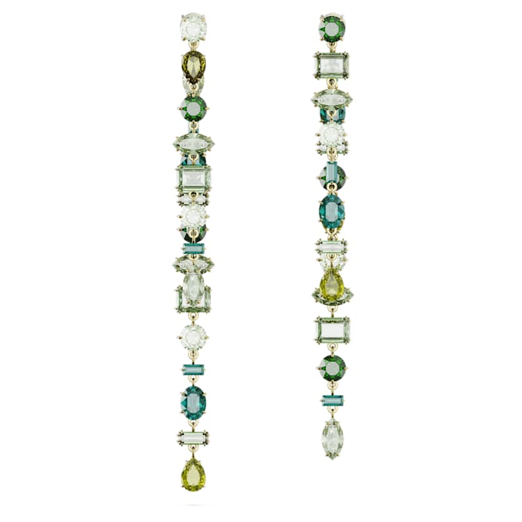 Gema drop earrings, Asymmetrical design, Mixed cuts, Extra long, Green, Gold-tone plated by SWAROVSKI