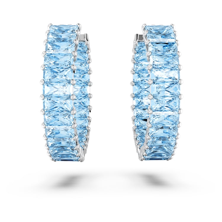 Matrix hoop earrings, Baguette cut, Blue, Rhodium plated by SWAROVSKI