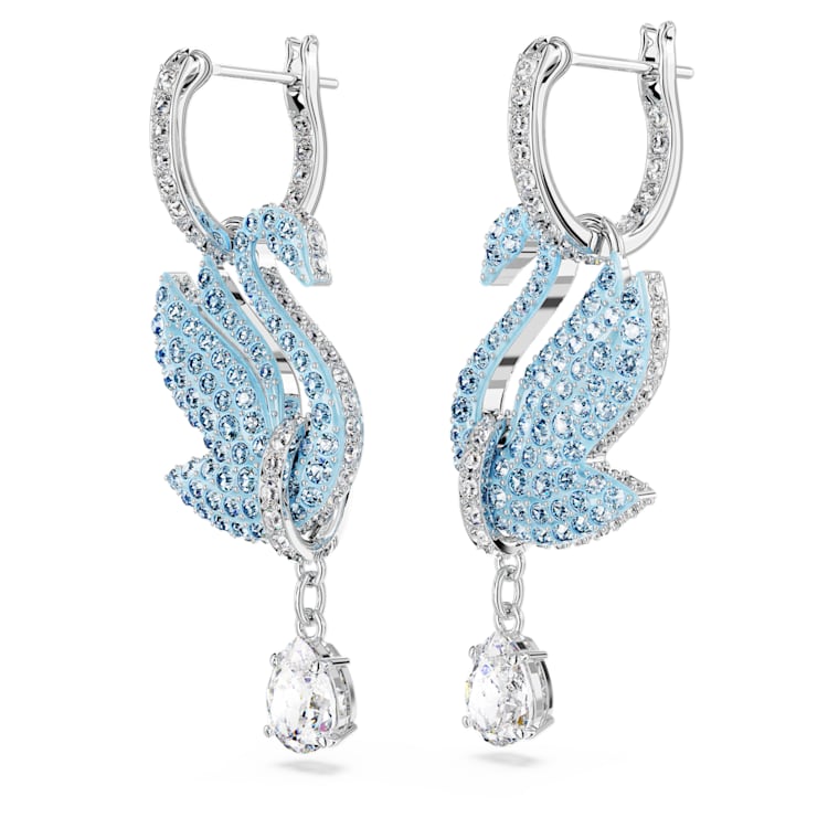 Swan drop earrings, Swan, Blue, Rhodium plated by SWAROVSKI