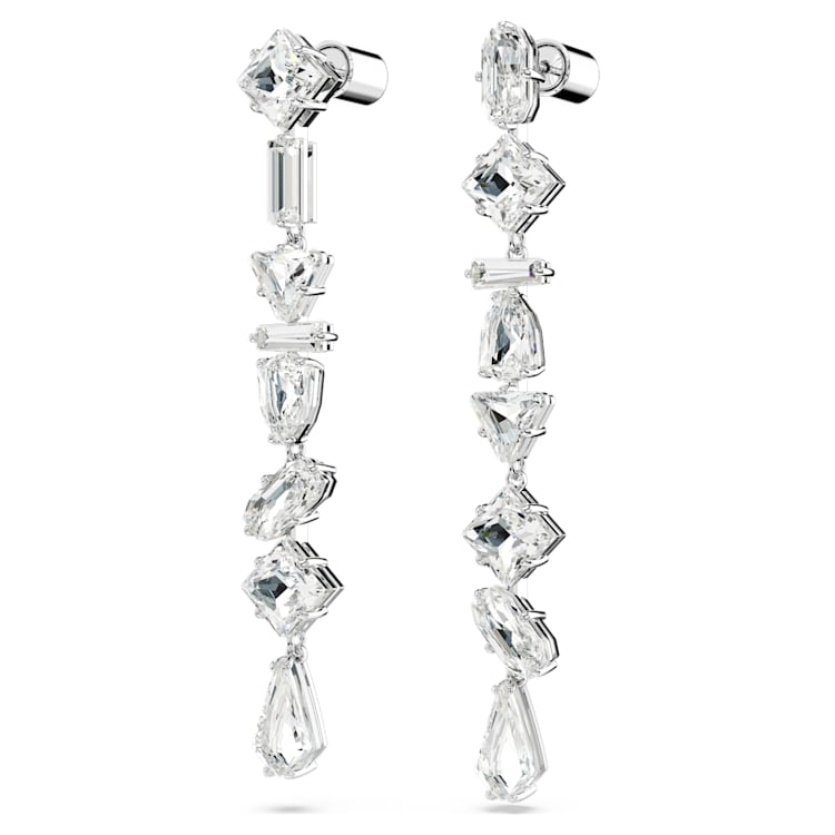 Mesmera drop earrings, Asymmetrical design, Mixed cuts, Long, White, Rhodium plated by SWAROVSKI